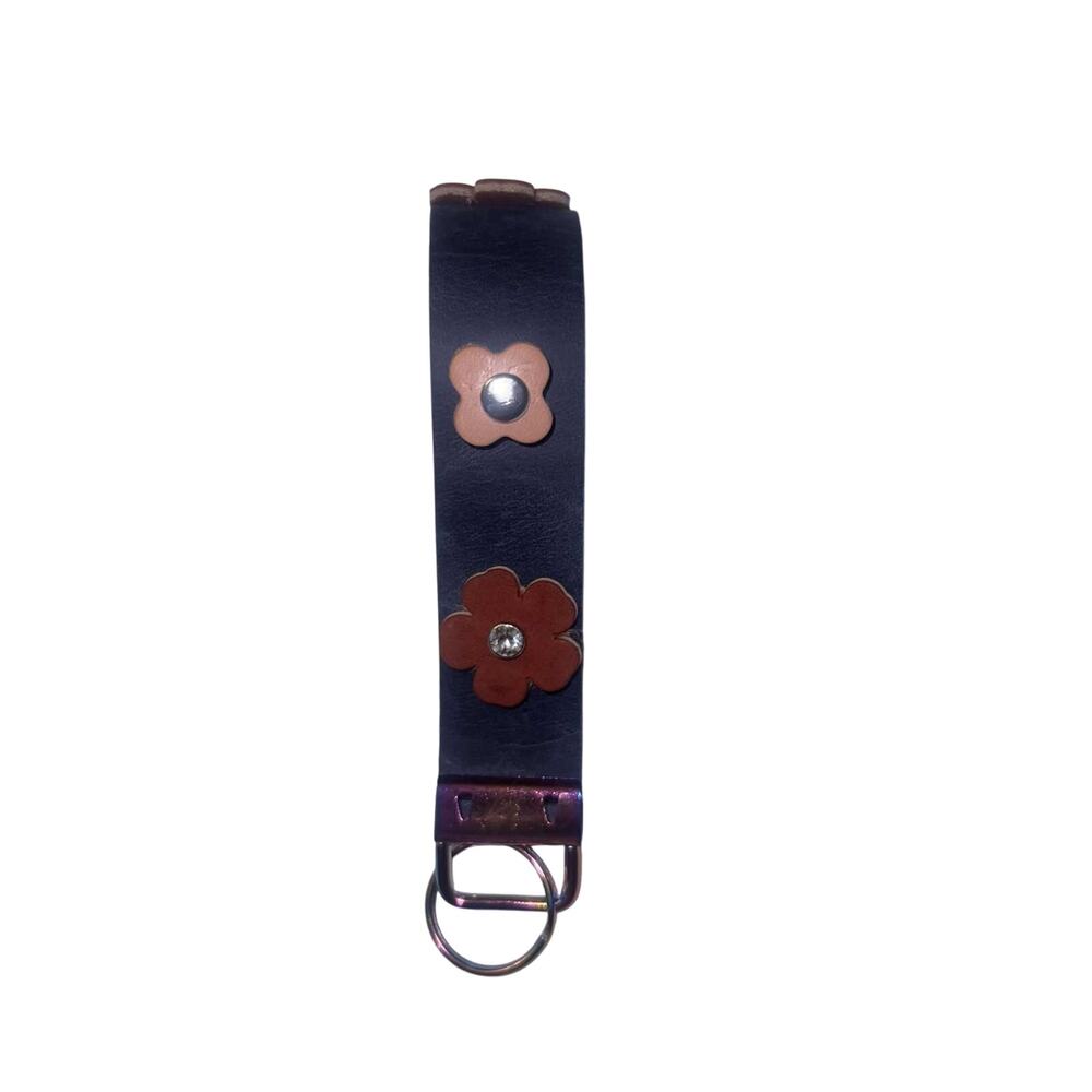 Repurposed Handmade Leather Keychain with Floral Accents